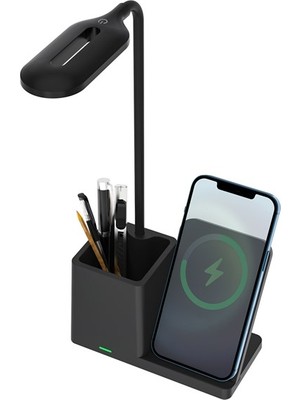 S-Lınk SL-M9054 Siyah Typec 15W Kablosuz Şarj Cihazı Kalemlikli Masa Lambası
