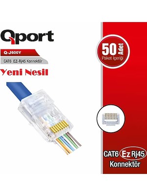 Qport Cat6 (50Lİ Paket) EZ-RJ45 Yeni Nesil Konnektör (Q-J600Y)