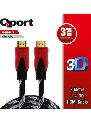 Qport 3 Metre Q-Hdmı3 1.4 3D Altın Uçlu HDMI Kablo