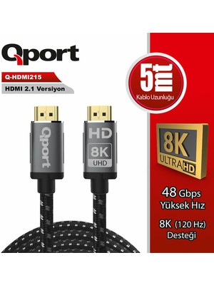 Qport 5 Metre Q-HDMI215 2.1V 8k Altın Uçlu Örgülü HDMI Kablo (Q-HDMI215)