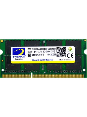 Twinmos Sodimm 4gb 1600MHZ 1.5V Ddr3 Kutulu Notebook Bellek (MDD34GB1600N)