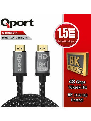 Qport 1.5 Metre Q-HDMI211 2.1V 8k Altın Uçlu Örgülü HDMI Kablo (Q-HDMI211)