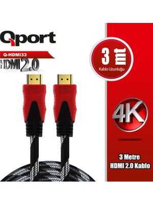 Qport Q-HDMI33 3 Metre 2.0V 4K  Altın Uçlu Örgülü Kablo