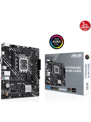 Asus Prıme H610M-K Argb 2xddr5 Vga/hdmı 1xm.2 1xglan 1700P Anakart
