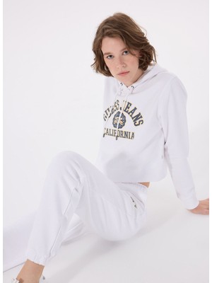 Guess Jeans Baskılı Beyaz Kadın Sweatshırt Gj Crop Hood Prınt S - Mıd Organıc