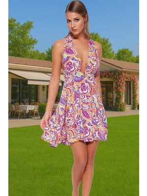 Şık Mini Plaj Elbisesi V Yaka Sırt Dekolteli Yazlık Dokuma Rahat Kullanım Konforlu Kesim