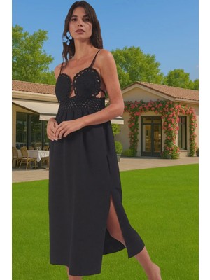 A Line Dantel Detaylı Pamuklu Poplin Midi Elbise Plaj ve Günlük Özenle Seçilmiş Premium Kalite
