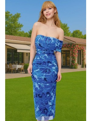 Feminen Midi Boy Örme Tül Abiye Elbise Tek Omuzlu Çiçek Desenli Seçkin Malzeme Dayanıklı Malzeme