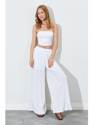 Kadın Ekru Beli Lastikli Bol Paça Kırışık Pantolon