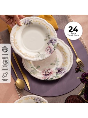 Emsan Flory 24 Parça 6 Kişilik Beyaz Porselen Yemek Takımı – Sade Yuvarlak Tasarımlı Şık Tabak Seti