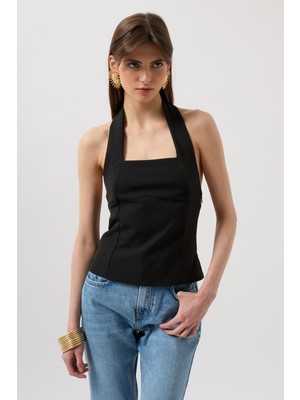 Kalın Askılı Crop Siyah Bluz
