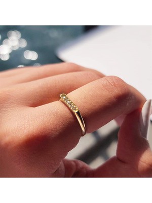 Fasek Gold 925 Ayar Sarı Gümüş Yüzük-Çubuk Sıra Taşlı 0.20 Ct Pırlanta Taşlı Alyans Yüzük-Hediye Gümüş Yüzük