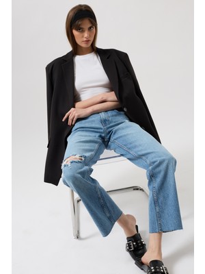 Lazer Kesim Yüksek Bel Mavi Jean