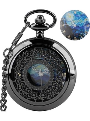 Valkyrie Vincent Van Gogh "yıldızlı Gece" Temalı Antik Oyma Detaylı Sanatsal Köstekli Cep Saati Kolye