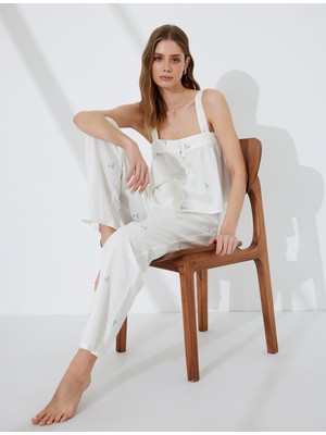 Koton Rahat Kalıp Beli Bağlamalı Pamuk-Keten Karışımlı Çiçek Işlemeli Pijama Altı