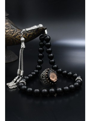 Doğal Oniks Taşlı Tesbih ve 925 Ayar Gümüş Yüzük Hasbiyallah Yazılı Sıkma Kehribar Taşlı 901939