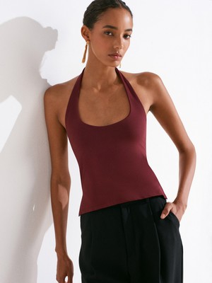 31753 Halter Yaka Top-Bordo