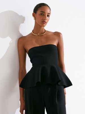 10791 Straplez Peplum Triko Top-Siyah