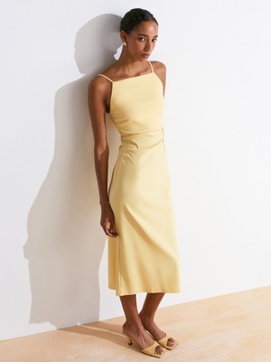 91479 Büzgülü Midi Elbise-Sarı
