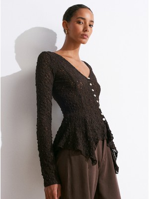 60433 Düğmeli Peplum Dantel Hırka-Koyu Kahve