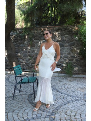 Bej Askılı Midi Boy Tül Elbise