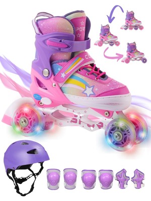 Yıldız Gökkuşağı Işıklı Kız Çocuk Pateni Kask ve Dizlik Seti Silikon Teker Ayarlanabilir Taşıma