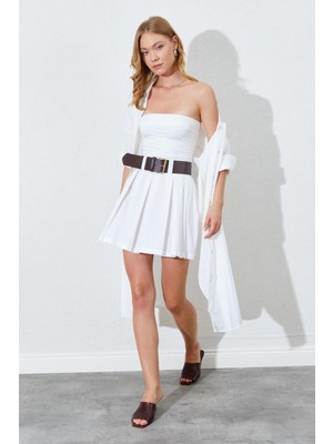Kadın Kemik Pileli Kemerli Mini Etek