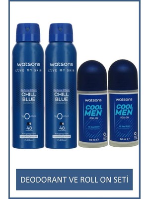 Watsons Cool Men 48 Saat Etkili Roll-on 2x50ml Ve Chill Blue Erkek Deodorant 2x150ml