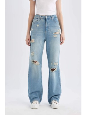 DeFacto 90's Wide Leg Yüksek Bel Geniş Paça Yırtık Detaylı Uzun Jean Pantolon C8608AX24HS