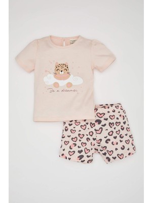 DeFacto Kız Bebek Leopar Desenli Penye Kısa Kollu Şortlu Pijama Takımı C0911A524HS