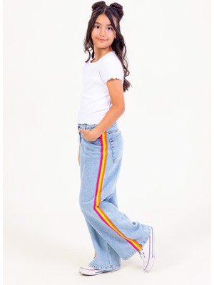 Yan Şeritli Yüksek Bel Wide Leg Geniş Paça Jean Kız Çocuk Pantolon
