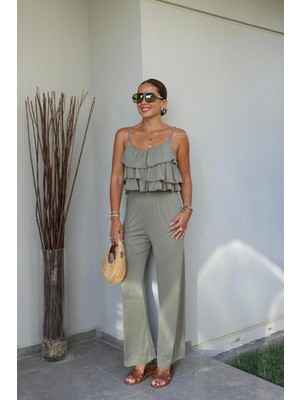 Yeşil Fırfırlı Crop Pantolon Takım