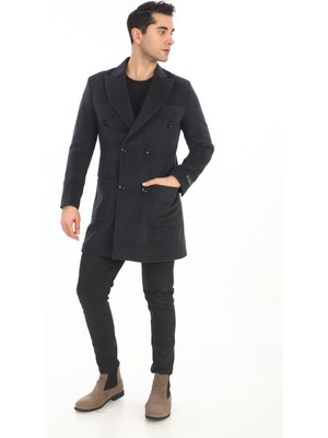 Şan Giyim Erkek Antrasit Kruvaze Kısa Palto %80 Yün Dokuma Kumaş ile Uzun Kollu Konfor