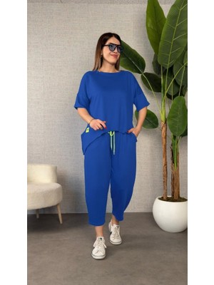 Gökyüzü Moda Kadın Kısa Kollu Bisiklet Yaka Viskon Iki Iplik Bluz ve Pantolon Ikili Takım