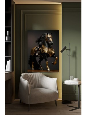 Altın Zırhlı At Kanvas Tablo Ev Duvar Salon Ofis Dükkan Hediyelik Dekarasyon Süsü