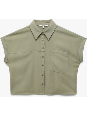 Viskon Kumaş Kap Kollu Klasik Yaka Cepli Crop Gömlek