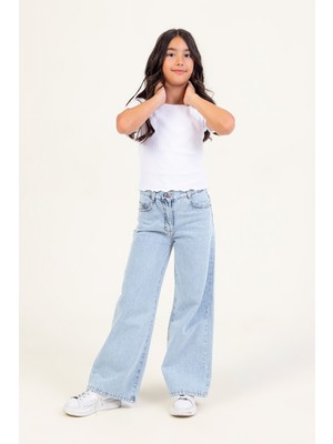 Dmb Boys & Girls Wide Leg Yüksek Bel Geniş Paça Jean Kız Çocuk Pantolon Mavi Pamuklu Casual Desenli Model