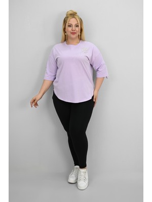 Kadın Büyük Beden Kısa Kollu Taş ve Inci Baskı Detaylı Oversize T-Shirt 1925-25