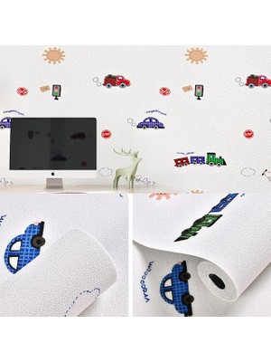 Renkli Duvarlar 50X280 cm (1,4m2) Trafik Temalı Kendinden Yapışkanlı Dokulu Esnek Silinebilir Çocuk Odası Duvar Sticker Kağıdı