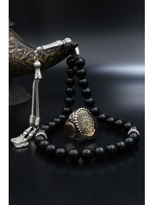 Doğal Oniks Taşlı Tesbih ve 925 Ayar Gümüş Yüzük Hz. Süleyman Mührü Mineli 901959