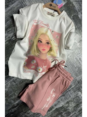 Kız Çocuk Papatya ve The Beauty Yazı Baskılı Penye T-Shirt Pudra Şortlu Takım