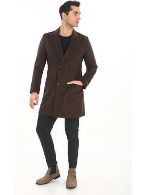 Şan Giyim 2834 Erkek Kahverengi Sivri Yaka Kısa Palto Uzun Kollu Orta Kalınlıkta Dokuma Malzeme