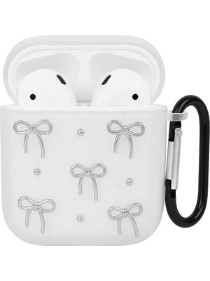 Airpods 2. Nesil ile Uyumlu Glitter Silikon Kılıf Şeffaf Simli Koruyucu Fiyonk Deseniyle Askı Aparatı Dahil Çanta Kolu ve Kemer Tokasına Takılabilir Şık Tasarım Airpods 2 Için Kulaklık Kılıfı