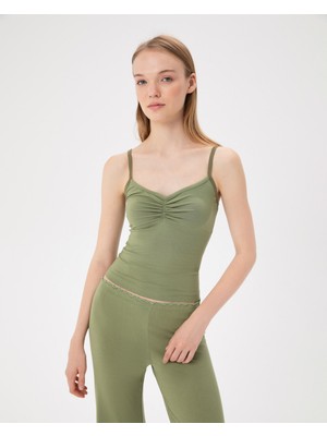 Ayma Active Kadın Açık Yeşil Büzgülü Askılı Atlet - EcoVero™ Viskoz, Göğüs Büzgü Detaylı, Tek Kat, Hafif ve Rahat İç/Dış Giyim