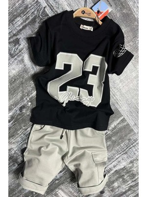 Erkek Çocuk Üzeri Sayı Baskılı Penye T-Shirt Kargo Cepli Şortlu Takım
