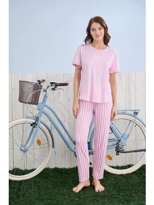 Pijamoni Milan Kumaş Çizgili Pembe Pijama Takımı - 7605