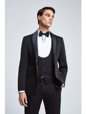 D'S Damat Ds Damat Slim Fit Siyah Armürlü Smokin Yelekli Takim Elbise 4HSY513050102