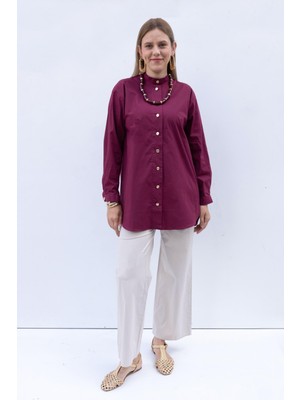 Vişne-Gold Dügmeli Pamuklu Poplin Gömlek