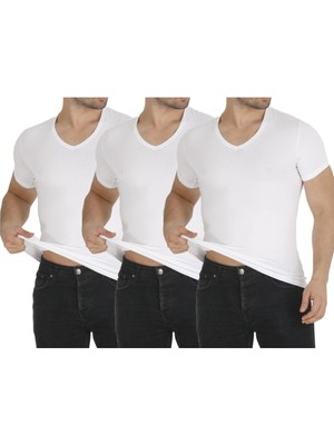 Erkek Penye Modal V-Yaka Kısa Kol Fanila   (3'lü Paket)