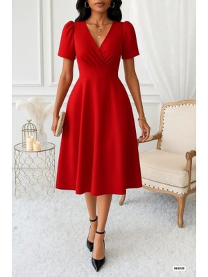 Gökyüzü Moda Kadın Kruvaze Yaka Kısa Kollu Midi Boy Krep Kumaş Elbise